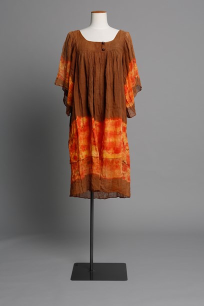Brown & orange hand-dyed muslin dress - New Zealand Fashion Museum
