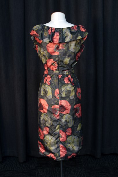Floral dress with ruffled neckline - New Zealand Fashion Museum